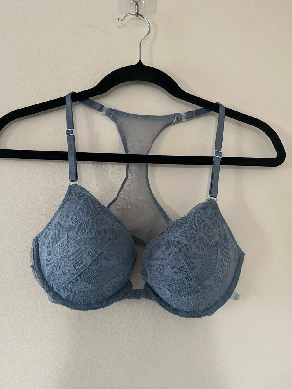 Victoria's Secret Blue Floral Lace Racerback Bra Push Up 34C Underwire Padded